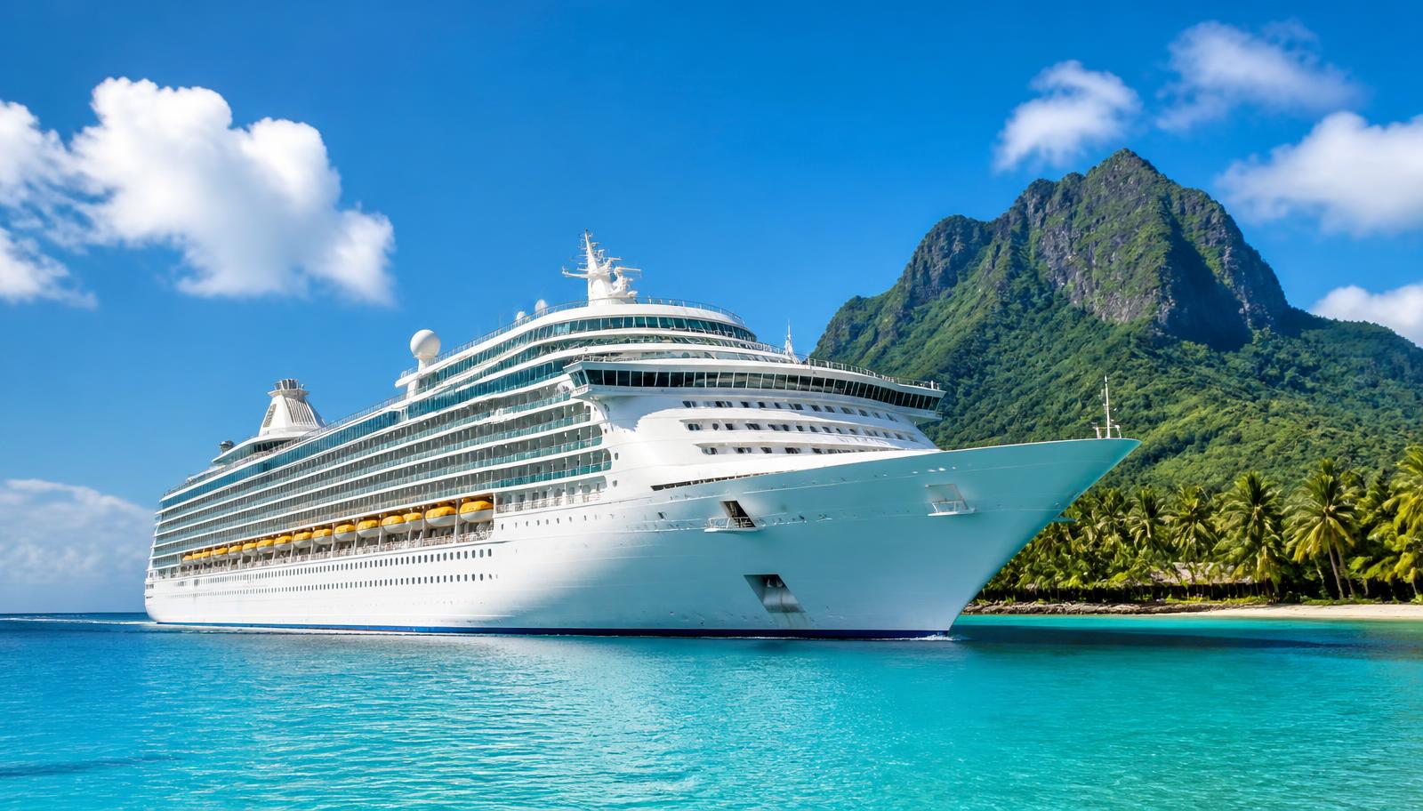 Crucero de lujo navegando en aguas turquesa junto a una isla tropical