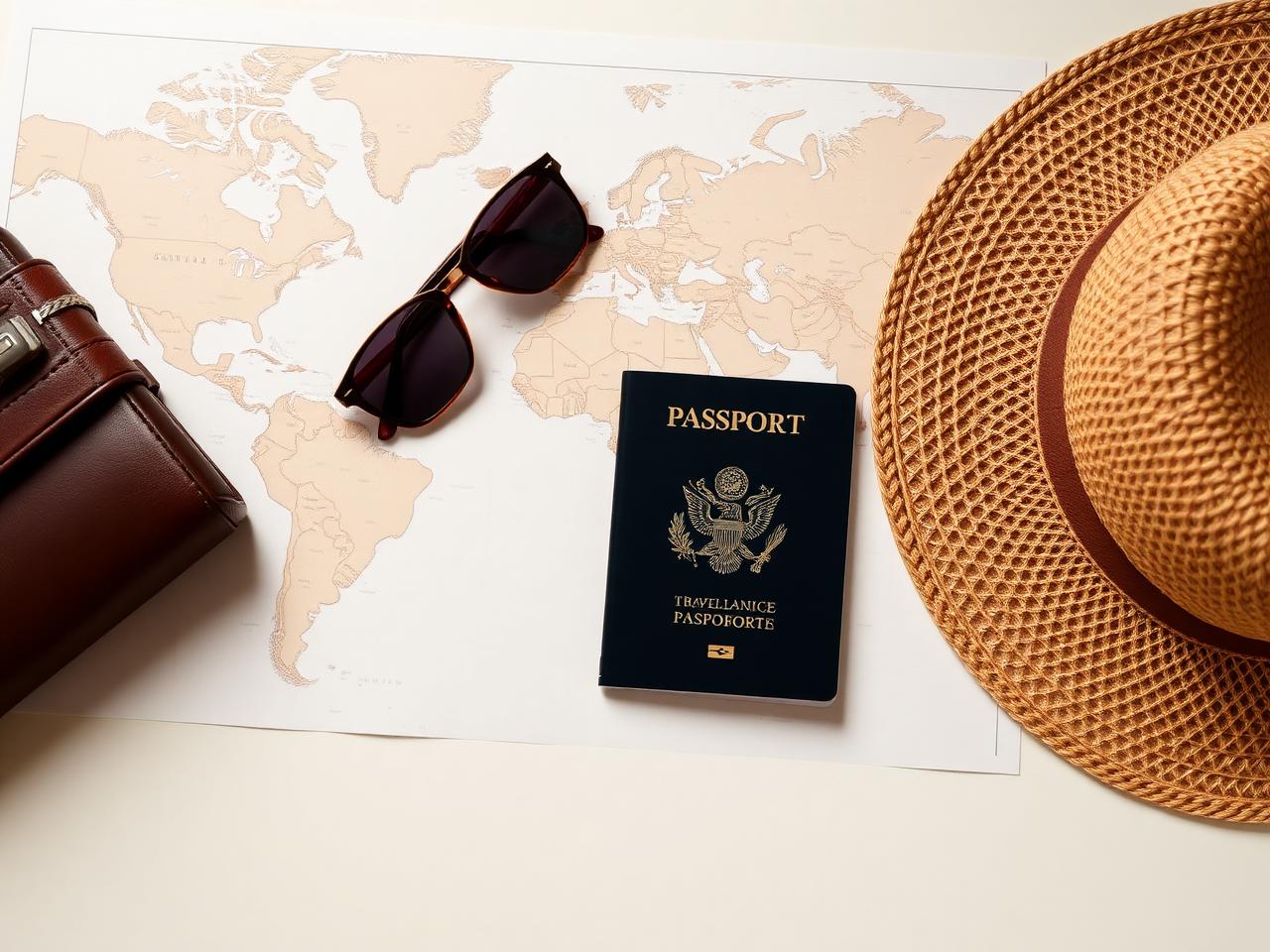 Planificación de un viaje con mapa, pasaporte y sombrero sobre una mesa
